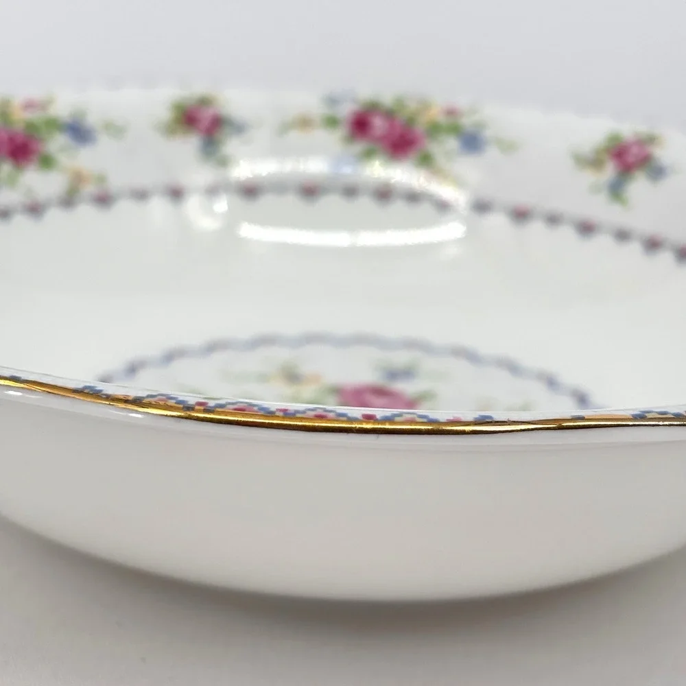 Royal Albert Petit Point China Soup Bowl England Floral Cross Stitch Gold Rim